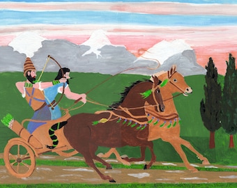 Two Guys on a Chariot riding along the Sunset - NAIVE ART 1970s