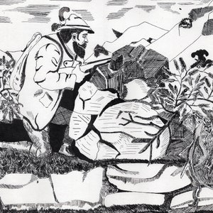 Chasseur caché derrière une pierre la nuit - ART NAÏF 1970