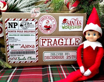 May include: A Christmas-themed package with festive stickers, including "North Pole Delivery" and "Fragile." A red and white elf doll sits beside the package on a red and green plaid surface. The package is decorated with holiday greenery.