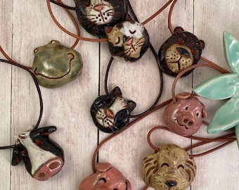 Ceramic Animal Pendants. Pottery Sculpture Necklaces.