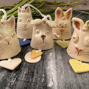 Whimsical Pottery Bunny & Puppy Bells, Ceramic Animal Windchime, Unique Fun Windchime, Home or Garden Decor,  Animal Chime