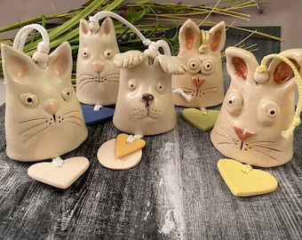 Whimsical Pottery Bunny & Puppy Bells, Ceramic Animal Windchime, Unique Fun Windchime, Home or Garden Decor,  Animal Chime
