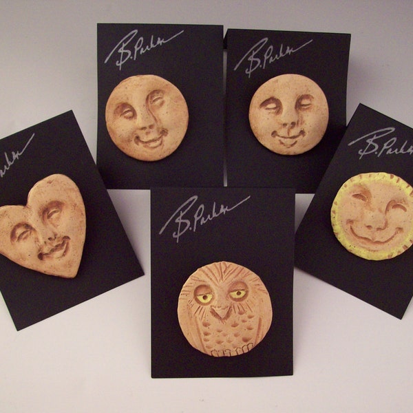 Smiling Faces Brooches, Fun Jewelry, Happy Face Pins, Wearable Sculpture, Hand-built Originals to Wear, Light Spirits, Faces, Owl