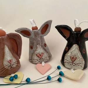 Miniature Pottery Bunny & Bird Bells, Whimsical Ceramic Windchime