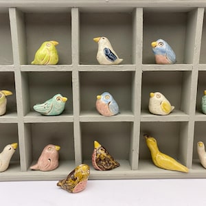 Puede incluir: Una colección de figuritas de pájaros de cerámica en varios colores, incluyendo amarillo, azul, rosa y blanco, exhibidas en un organizador de madera gris con múltiples compartimentos. Cada pájaro tiene un diseño y una pose únicos.