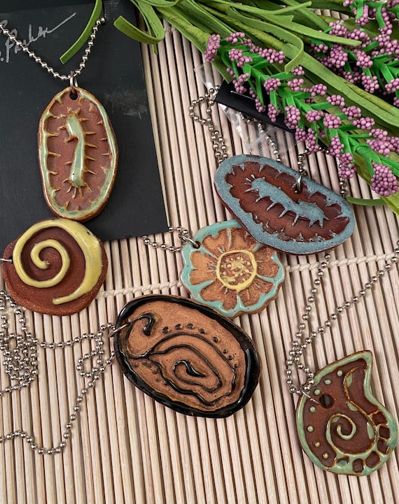 Contemporary Design Ceramic Pendant Necklaces, Unique Stamped Pottery Designs