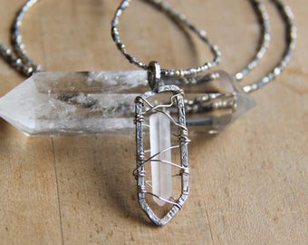 Sterling Silver Quartz Crystal Necklace with Silver and Glass Beadwork