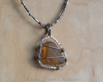 Amber Sea Glass Necklace with Beadwork in Textured Sterling Silver