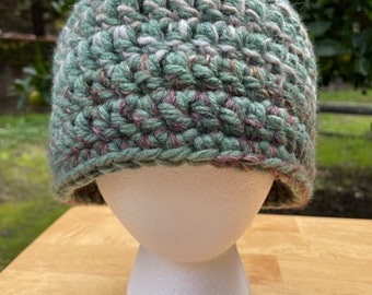 Earthy Navy Blue and Sage Crochet Beanie