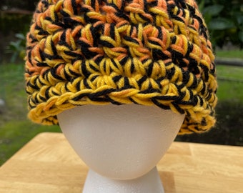 Yellow Orange and Black Crochet Beanie