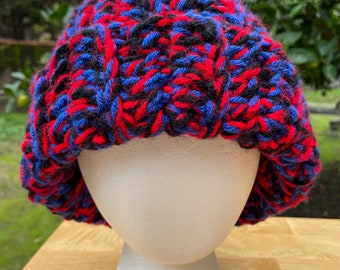 Blue Red and Black Crochet Beanie Extra Warm