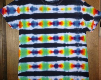 Rainbow and Black Striped Tie Dye Tshirt 100% Cotton Men's Large