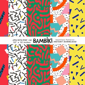 May include: Set of four 12-inch by 12-inch seamless digital patterns in a retro 80s style. The patterns feature geometric shapes, zigzags, and abstract designs in red, blue, yellow, green, black, and white.