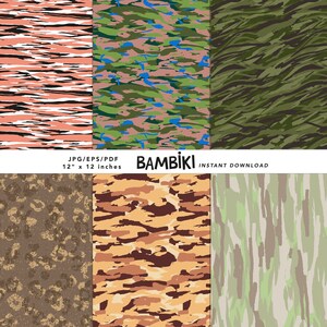 May include: Six digital camouflage patterns in a 3x2 grid. The patterns are in shades of green, brown, pink, blue, and white. The patterns are 12 inches by 12 inches. The text "JPG/EPS/PDF 12" x 12 inches BAMIBIKI INSTANT DOWNLOAD" is at the bottom of the image.