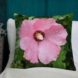 Rose of Sharon in Althea Pink, these beauties bloom in Summer and continue to bloom through early Fall Premium Pillow