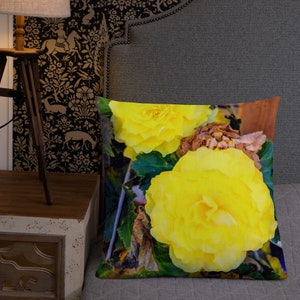 Premium Pillow with Original Photography by FarmerChar Double Blossom Yellow Begonias