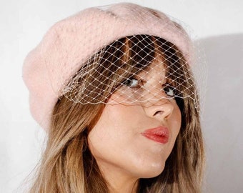 Pale Pink Wool Beret with French Net Veil: 40s 50s Vintage Style Fascinator