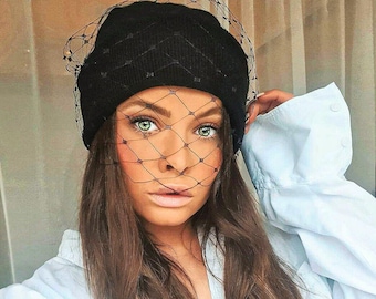 Black Veiled Beanie Hat: Mega Merry Widow style veil funeral fashion hat