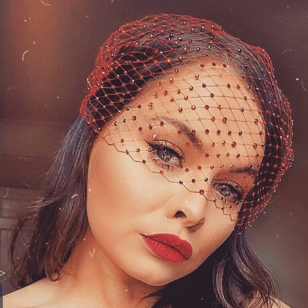 Red Net face veil with crystals RED French net fascinator veil,  bridal veil, bachelorette party,masquerade ball or Gatsby costume headpiece