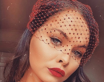 Red Net face veil with crystals RED French net fascinator veil,  bridal veil, bachelorette party,masquerade ball or Gatsby costume headpiece