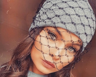 Veiled Grey Beanie Hat with Black Waffle Net Veil