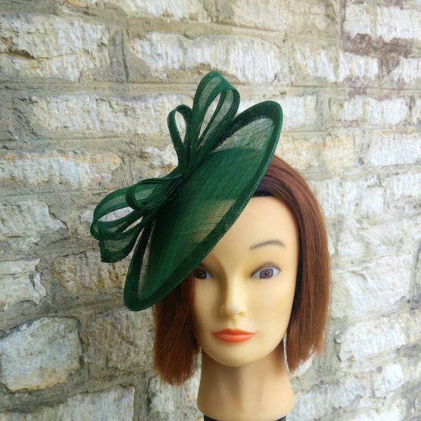 Dark green fascinator wedding hat on headband forest/ bottle green sinamay straw simple occasion hat