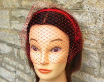 Red Birdcage Veil on headband fascinator voilette  masquerade mask wedding hen party