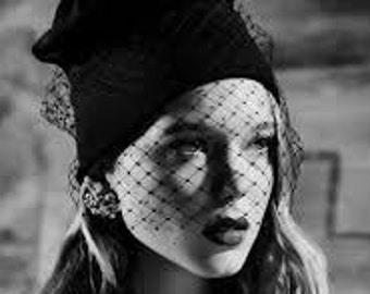 Fashion Beanie black beanie hat with black birdcage veil fascinator veil funeral veil hat birdcage veil styled beanie hat cool beanie