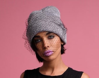 Veil beanie trendy beanie with veil fascinator black veil beanie black funeral veil hat black beanie