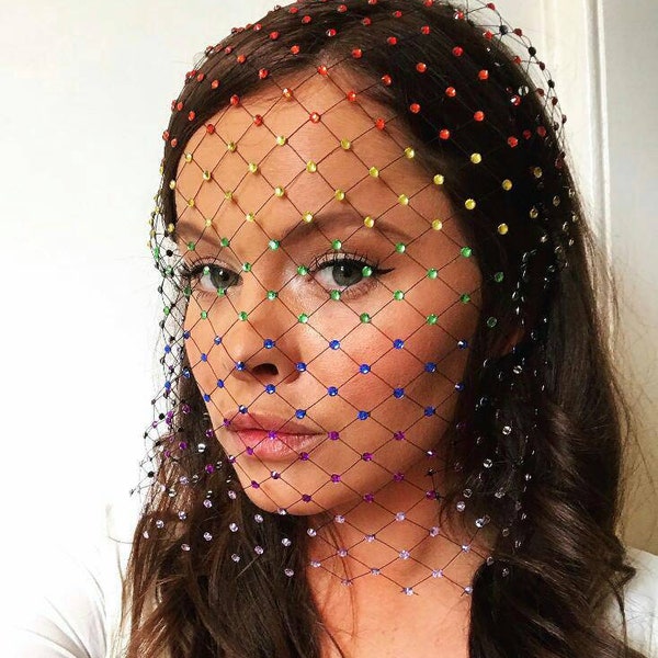 Rainbow crystal black veil on headband Stunning beaded birdcage veil for wedding, formal party, model photo shoot