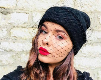 Veiled Black beanie hat with black merry widow veil veiled beanie funeral veil hat fascinator veil  beanie hat cool beanie hat