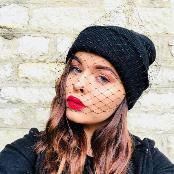 Veiled Black beanie hat with black merry widow veil veiled beanie funeral veil hat fascinator veil  beanie hat cool beanie hat