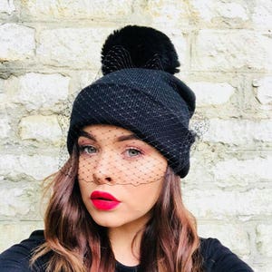 Veiled Beanie soft faux fur Pom pom beanie with veil Black beanie with veil and soft black Pom pom