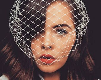 May include: A woman with long brown hair wearing a white shirt and a white birdcage veil. The veil is made of a fine mesh material and covers her face.