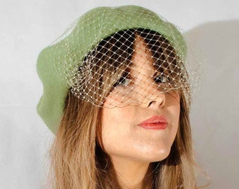 Sage Green Hat beret with fascinator net veil light sage green  French wool beret in 1940s 50s  vintage style
