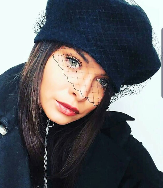 Navy Wool Beret withFrench Net Veil - 1940s Vintage Style