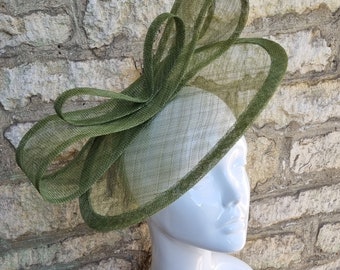 Olive green wedding hat fascinator hat on headband olive/dark sage green sinamay straw wedding fascinator races fascinator