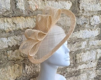 Nude beige fascinator hat for wedding party with natural beige bows - races, tea party , bridal hat