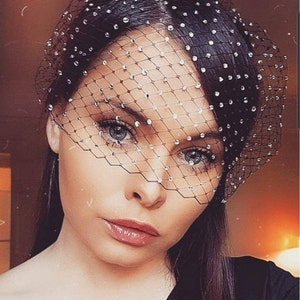 Veil with crystals black French net fascinator , bridal veil, bachelorette party,masquerade or Gatsby costume headpiece