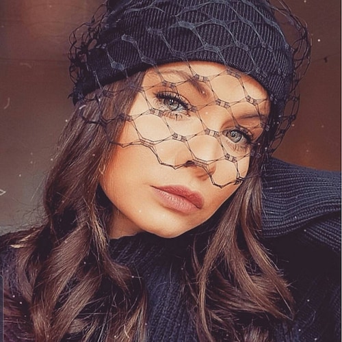 Veiled Black Beanie Hat With Waffle Net Veil - Etsy