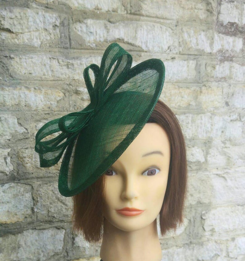 Dark green fascinator wedding hat on headband forest/ bottle green sinamay straw simple occasion hat image 2