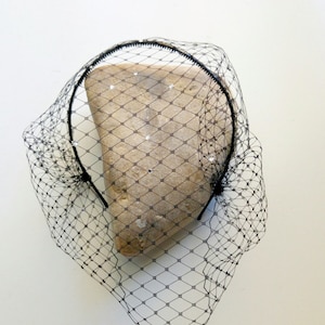 May include: Black birdcage veil with a black headband. The veil is made of a fine mesh material and has a delicate, feminine look.