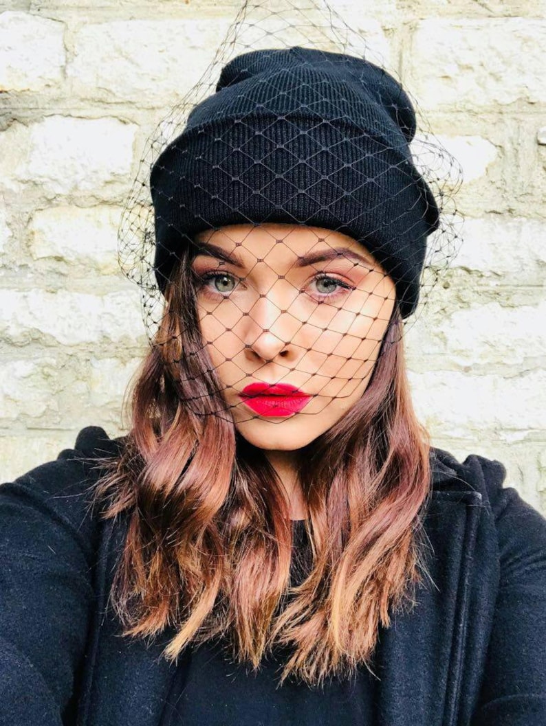 Veiled Black beanie hat with black merry widow veil veiled | Etsy