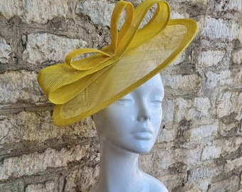 Yellow fascinator wedding hat on headband dark yellow sinamay fascinator races hat tea party hat