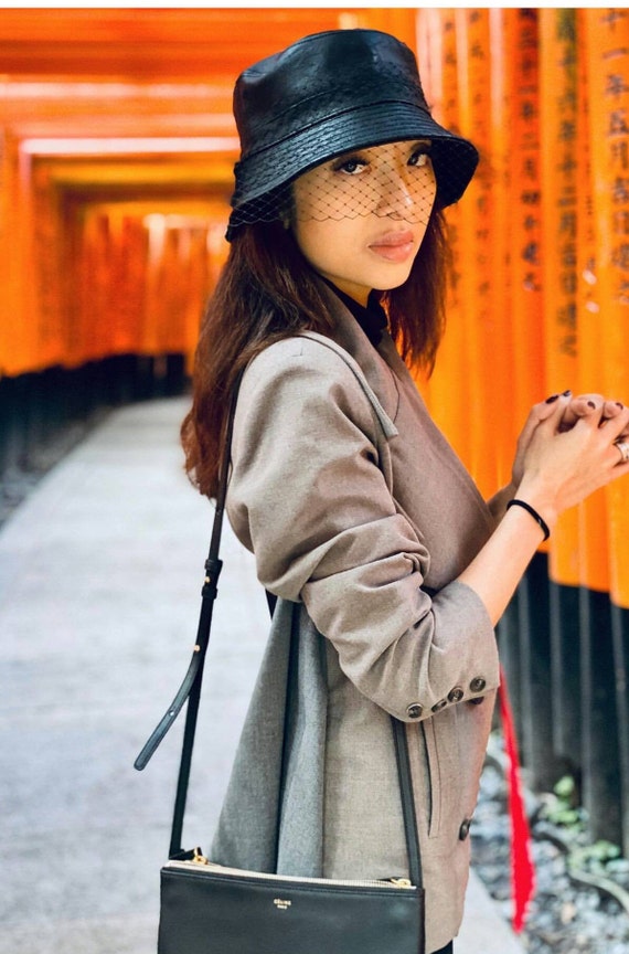 Black Bucket Hat With Veil in Faux 