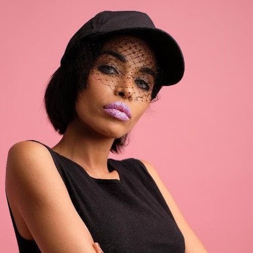 Black Cotton Cap With Net Face Veil Fashion Hat With Adjustable