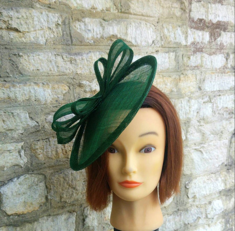 Dark green fascinator wedding hat on headband forest/ bottle green sinamay straw simple occasion hat image 1