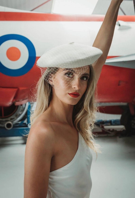 White Beret Hat With Veil French Beret White Veiled OFF White