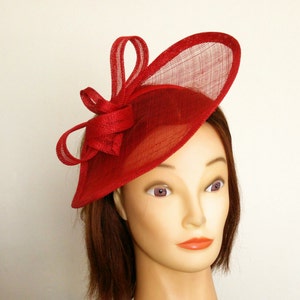 Red fascinator wedding hat on headband one off design in sinamay straw image 2