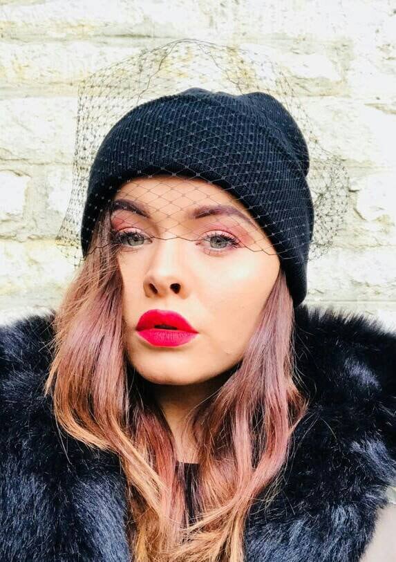 Veiled Black Beanie Hat With Black Fascinator Veil Funeral Veil